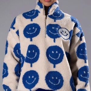Vici Blue and White Teddy Jacket Positive Vibes Happy Face Zip Up Akira